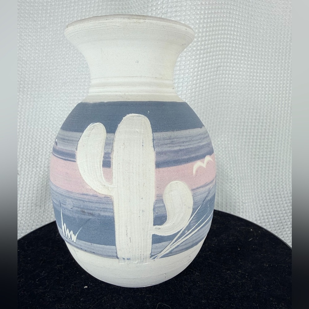 Handcrafted Ceramic Vase with Cactus Design - Blue and Pink
